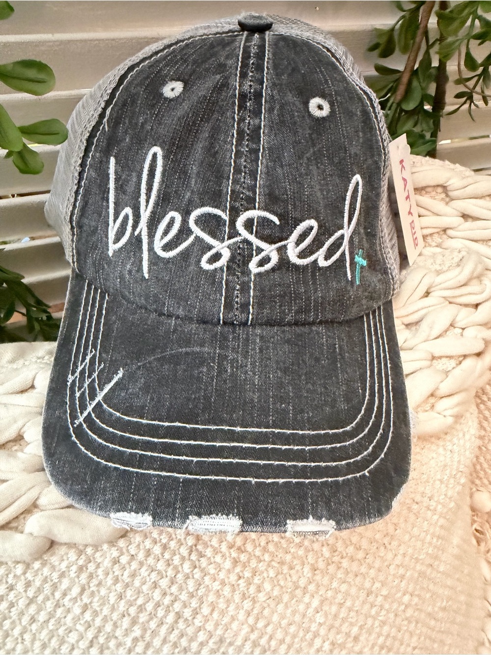 Katydid 'Blessed' Washed Black Trucker Hat with White Embroidery